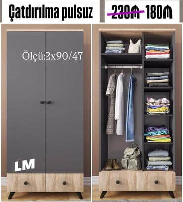 Yeni, Açılan, 2 qapılı Düz dolab, Qarderob, paltar dolabı
