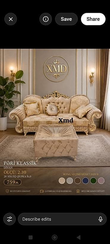 Pəri Klassik divan – XMD - Ölçü: 2.30 m - 28 sıxlıq qupka ilə - Rəng