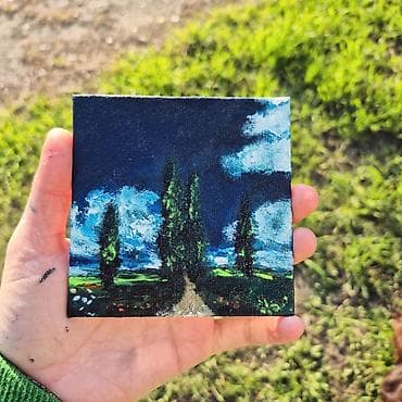 Velosiped ehtiyyat hissələri: Mini akril boya tablo – “Səksərən səmalar və selvi ağacları” - Ölçü — 1