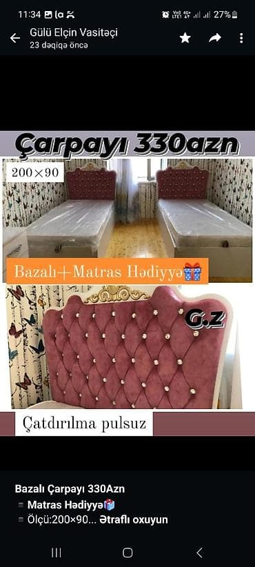 Мебель на заказ: *Bazalı Çarpayı 330Azn* *▪️Matras Hədiyyə🎁* ▪️Ölçü:200×90 ▪️Rəng — 2