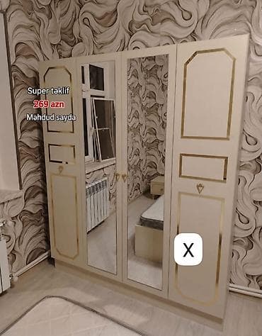 Ayna qapılı 4 bölməli geyim dolabı - Rəng: krem/bej tonlarında