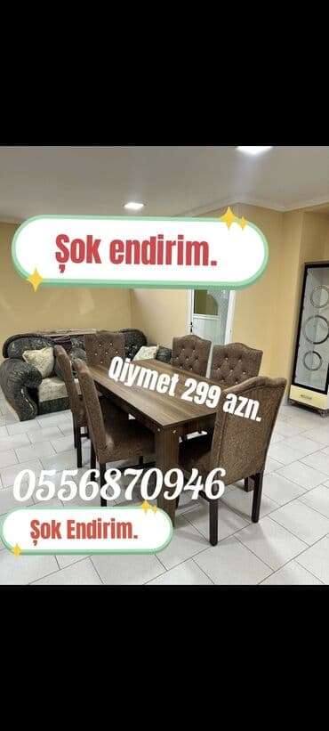 uşaq stol stul: Qonaq otağı üçün, Yeni, Açılmayan, Dördbucaq masa, 6 stul — 8