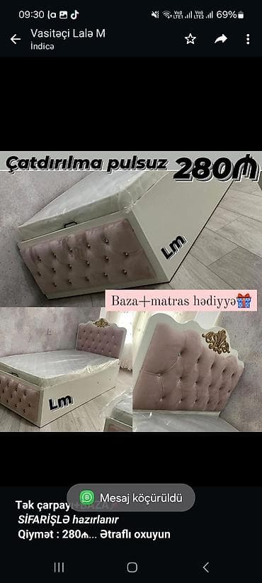 matraslar: *Tək çarpayı+BAZA📌* _*SİFARİŞLƏ hazırlanır*_ *Qiymət : 280₼* Ölçü  — 1