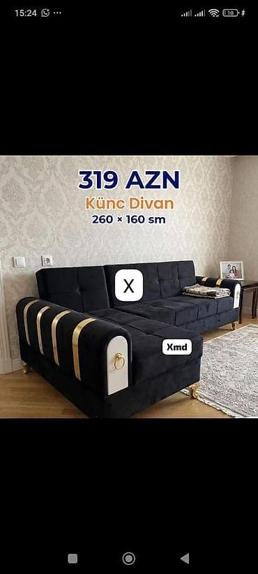 Künc divan – 260 × 160 sm - Qara rəngli, yumşaq parça üzlü - Qızılı lalafo.az -da Künc divan – 260 × 160 sm - Qara rəngli, yumşaq parça üzlü - Qızılı