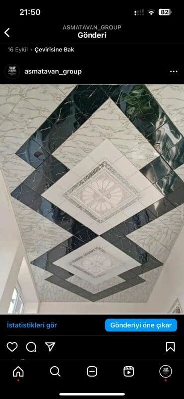 sadə asma tavanlar: Qara və ağ rənglərdə kvadrat formalı asma tavan. Bu dizayn müasir və — 3