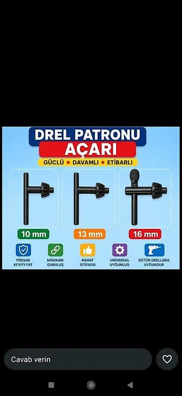 Drel patronu açarı – güclü, davamlı və etibarlı. - Ölçülər: 10 mm, 13 lalafo.az -da Drel patronu açarı – güclü, davamlı və etibarlı. - Ölçülər: 10 mm, 13