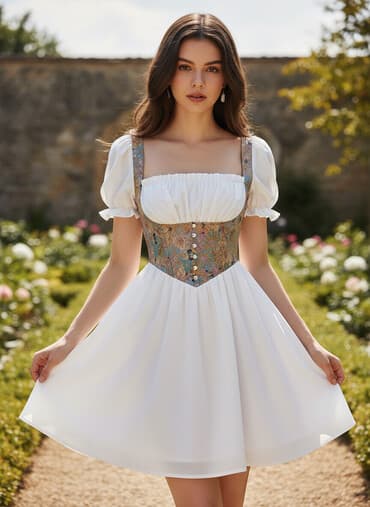 Qadın paltarı – Boho/folk ilhamlı mini model - Rəng: ağ ətək və üst