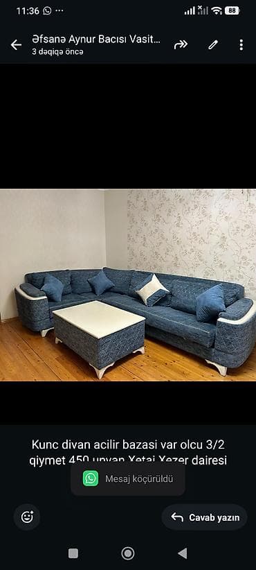 Ev və bağ: Kunc divan acilir bazasi var olcu 3/2 qiymet 450 unvan Xetai Xezer — 1
