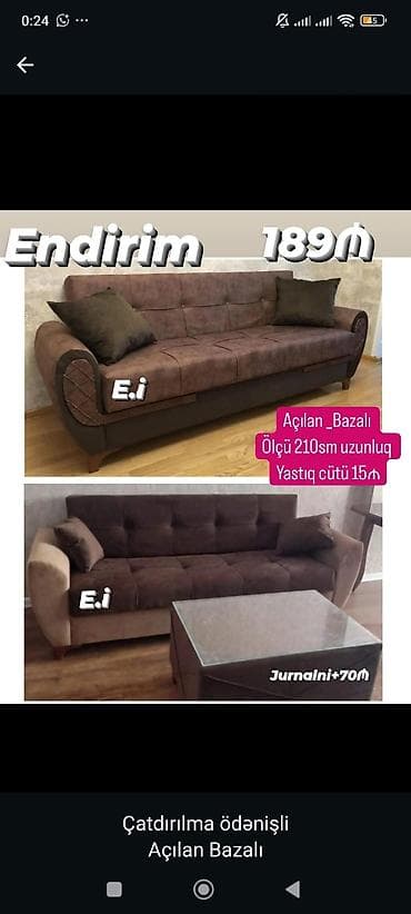 acilan divan: Açılan-bazalı divan - Uzunluq: 210 sm - Rəng: qəhvəyi tonlarda - — 1
