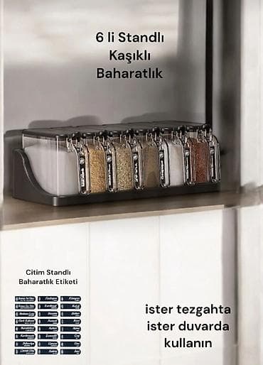 6-lı standlı, qaşıqlı ədviyyatlıq seti - 6 ayrı şəffaf qab və kompakt