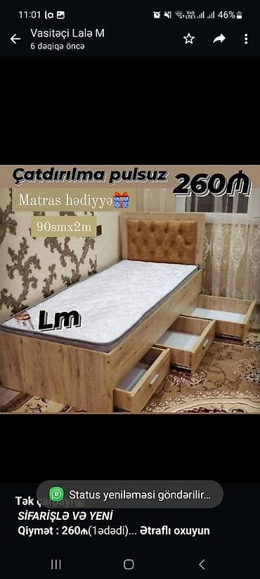 Мебель на заказ: *Tək çarpayı*👑 _*SİFARİŞLƏ VƏ YENİ*_ *Qiymət : 260₼*(1ədədi) Ölçü  — 1