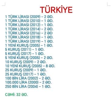 Türkiyə sikkə kolleksiyası – ümumilikdə 32 ədəd Tərkib: - 1 Türk lalafo.az -da Türkiyə sikkə kolleksiyası – ümumilikdə 32 ədəd Tərkib: - 1 Türk