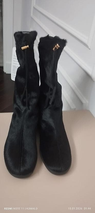 qadın çəkmələri: Qadın qış çəkməsi – qara rəng - Material: tüklü (saçaqlı effektli) üst — 4