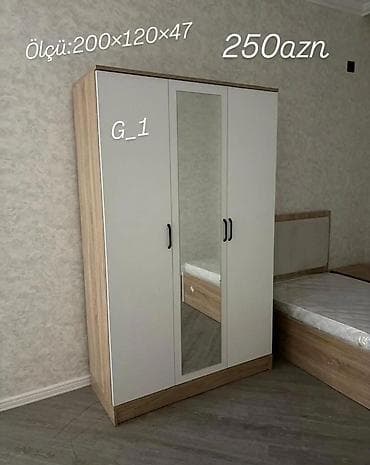 dolab termo: Üç qapılı paltar şkafı, güzgülü model (G_1). Ölçü: 200×120×47 sm. Rəng — 1