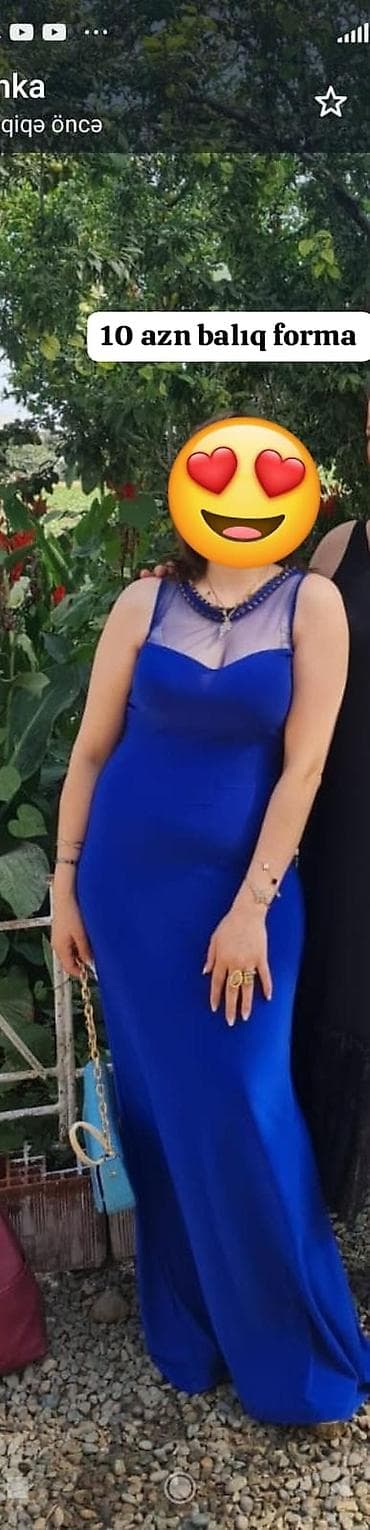 Mavi rəngdə, balıq fasonu qadın gecə/libas paltarı. - Uzun model — 1