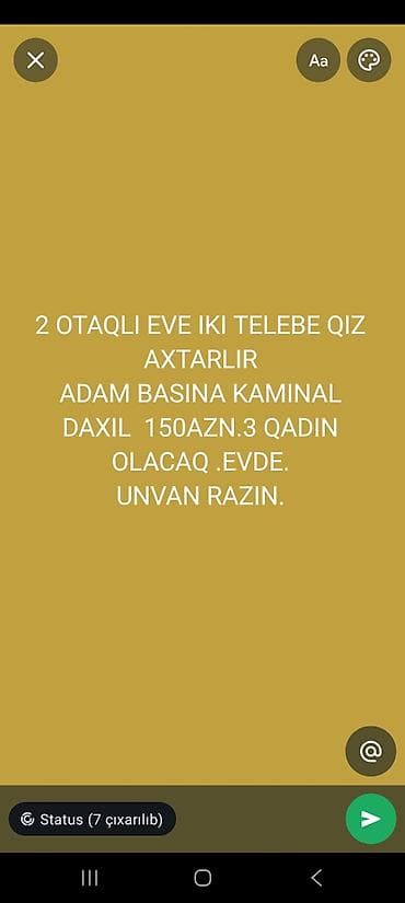 hovsanda is elanlari 2026: Razində 2 otaqlı evə iki tələbə qız axtarılır. Evdə ümumilikdə 3 qadın — 1