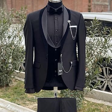 online geyim: Klassik qara smokinq dəsti - Rəng: Tam qara - Komplekt: Jaket, jilet — 1