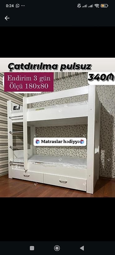 usag ucun: İki mərtəbəli uşaq çarpayısı – ağ rəngdə, möhkəm konstruksiya. - Ölçü — 1