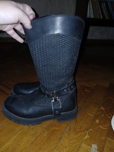 rezin çəkmələr: Qara rəngli biker üslublu uzun dəri çəkmələr - Material: qalın — 1