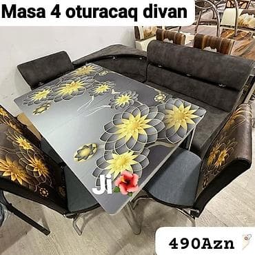 kohnə stul: Masa və 4 oturacaqlı divan dəsti - Modern yemək masası: Şüşə üstlük — 1