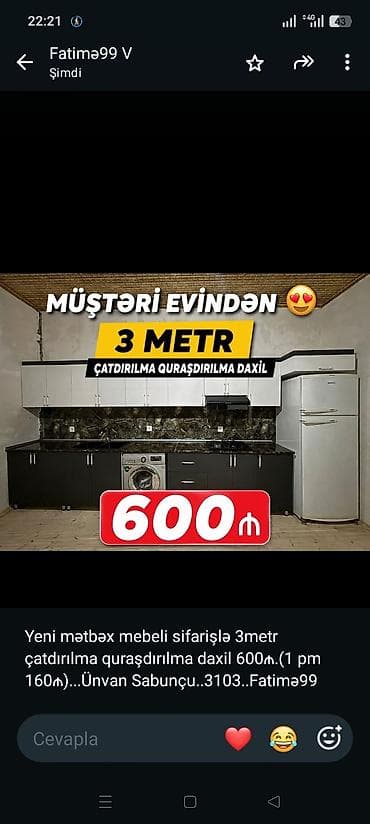 Yeni mətbəx mebeli sifarişlə 3metr çatdırılma quraşdırılma daxil