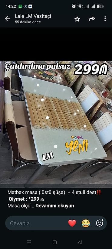 Мебель на заказ: Mətbəx masa ( üstü şüşə) + 4 stull dəst‼️ *Qiymət : *299 ₼* Masa — 1