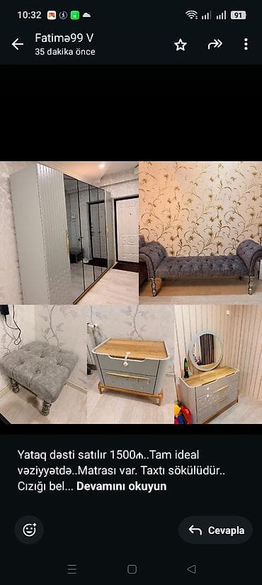 Yataq dəsti satılır 1500₼. Tam ideal vəziyyətdə. Matrası var. Taxtı
