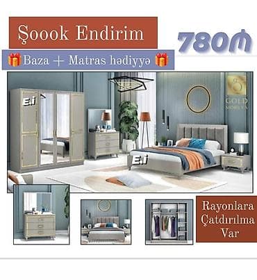 İkinəfərlik çarpayı, Komod, Dolab, 2 tumba, Yeni