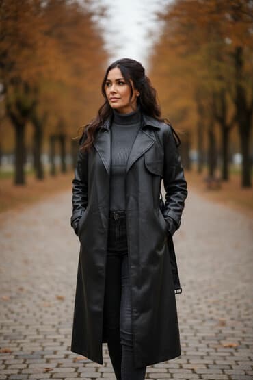 Qara dəridən uzun trençkot -Yenidir geyinilmiyib. - Klassik uzun