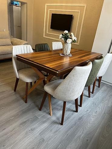 lazer stolu: Qonaq otağı üçün, İşlənmiş, Açılan, Dördbucaq masa, 6 stul — 1