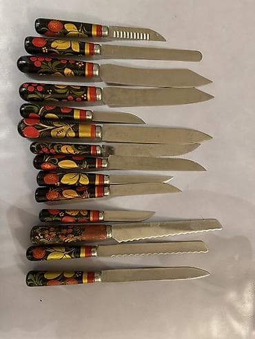 Mətbəx bıçaqları dəsti – dekorativ naxışlı saplarla xoxloma -