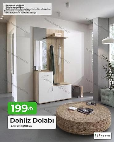 Mebel: Dəhliz dolabı – 40×200×90 sm • Material: 18 mm laminat • Rəng seçimi — 1