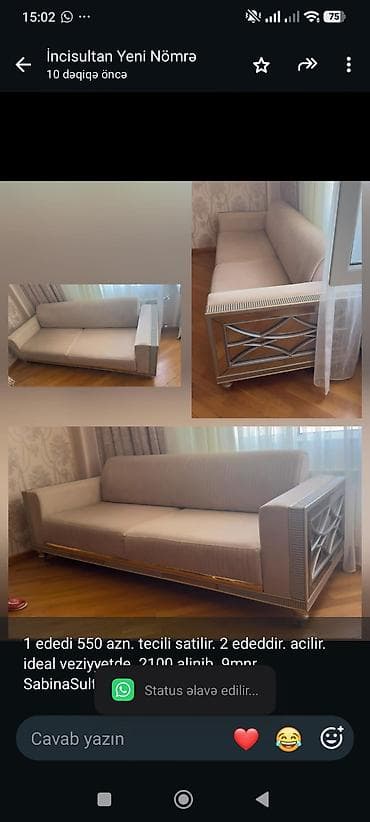 divan satisi: 1 ededi 550 azn. tecili satilir. 2 ededdir. acilir. ideal veziyyetde — 1