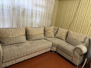 divan olcusu: Bej rəngdə L formalı yumşaq künc divan dəsti - Parça: yumşaq, velur — 2
