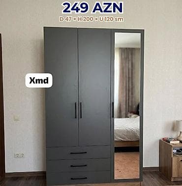 sade guzgu: Qarderob şkafı – güzgülü, 3 qapılı, 3 çekmecəli. Ölçülər: dərinlik 47 — 1