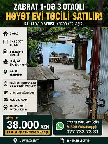 Zabrat 1-də 3 otaqlı həyət evi satılır. Üstünlüklər: - 1–1.5 sot — 1