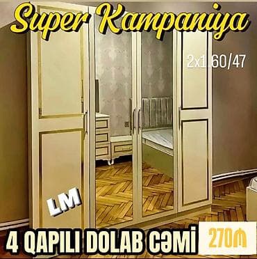 4 qapılı, Güzgülü, Rəngli, Digər material, Açılan, Düz dolab