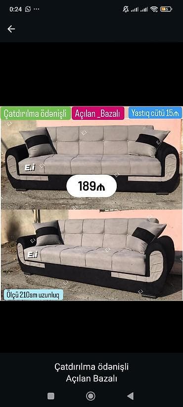 stullar ev ucun: Açılan-bazalı divan - Uzunluq: 210 sm - Rəng: boz oturacaq və bel — 1