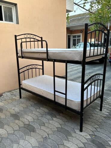 шикарная кровать: Metall çərçivəli iki mərtəbəli çarpayı - Material: qara rəngli möhkəm — 1