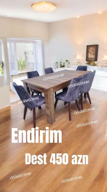 metbex stollari ve stullari: Qonaq otağı üçün, Yeni, Açılmayan, Dördbucaq masa, 6 stul — 2