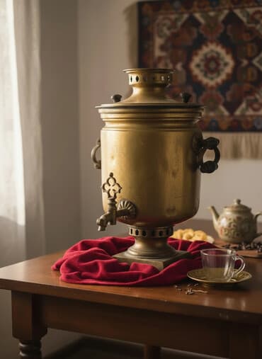 Antik mis samovar - Material: döymə mis / bürünc korpus, dekorativ