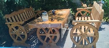 sabalıd: Bağ üçün taxta dəst – 1 stol + 2 skamya - Material: tam ağac (təbii — 1