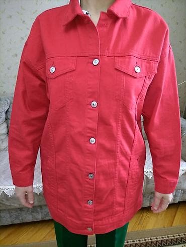 hərbi geyim: Qadın üçün uzun denim gödəkcə – qırmızı - Klassik cins gödəkcə — 3