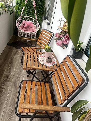Balkon üçün, İşlənmiş, Dördbucaq masa, 2 stul — 1