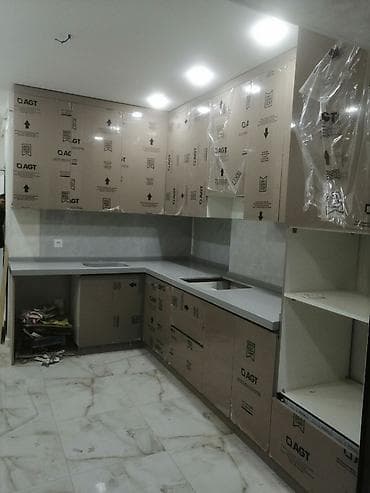 boz rengde metbex mebelleri: Mətbəx mebel dəsti – AGT yüksək parlaq MDF/, yuxarı və aşağıKünc — 1