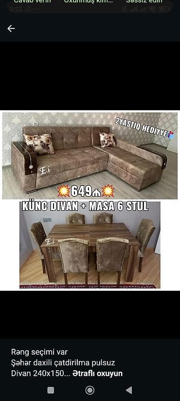 divan olcusu: Künc divan + masa və 6 stul dəsti - Qonaq otağı üçün funksional dəst — 1