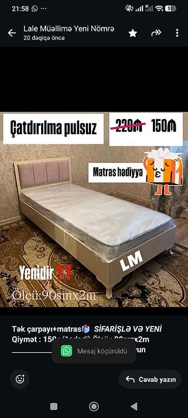 tek krafat: *Tək çarpayı+matras🎁* _*SİFARİŞLƏ VƏ YENİ*_ *Qiymət : 150₼*(1ədədi) — 2