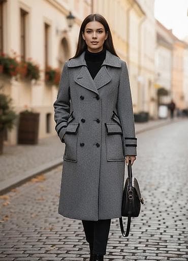 seksi geyim: Qadınlar üçün şık uzun palto – boz rəng, ikiqat düyməli - Kəsim — 1