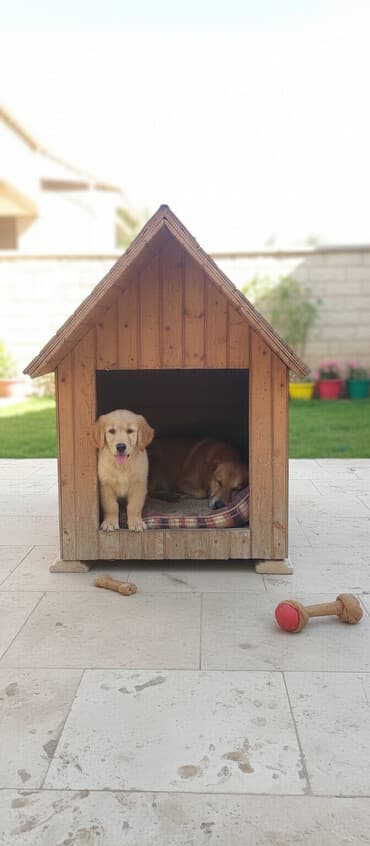 it ucun manej: Taxta it evi - Material: Təbii taxta lövhələr, ikiqat maili dam — 2