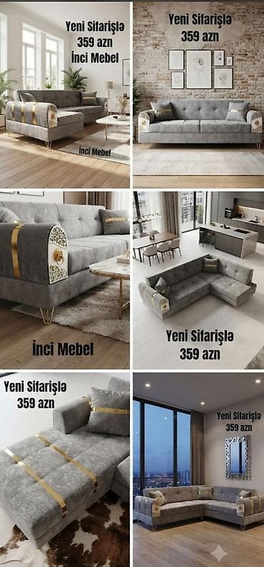 İnci Mebel – yumşaq mebel dəsti - Model: boz rəngli, L-şəkilli və düz — 1